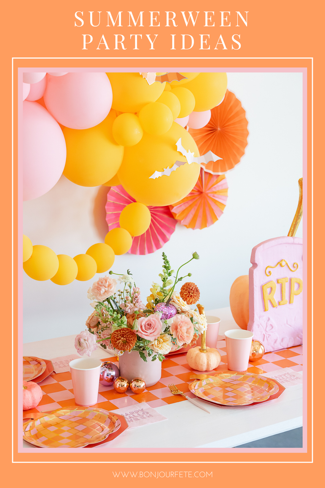 A styled summer-themed party table setup with pastel balloons, orange and pink paper fans, floral centerpieces, checkered table linens, cups, plates, and a tombstone sign reading RIP. Text at the top says 'SUMMERWEEN PARTY IDEAS' and a website URL appears at the bottom.