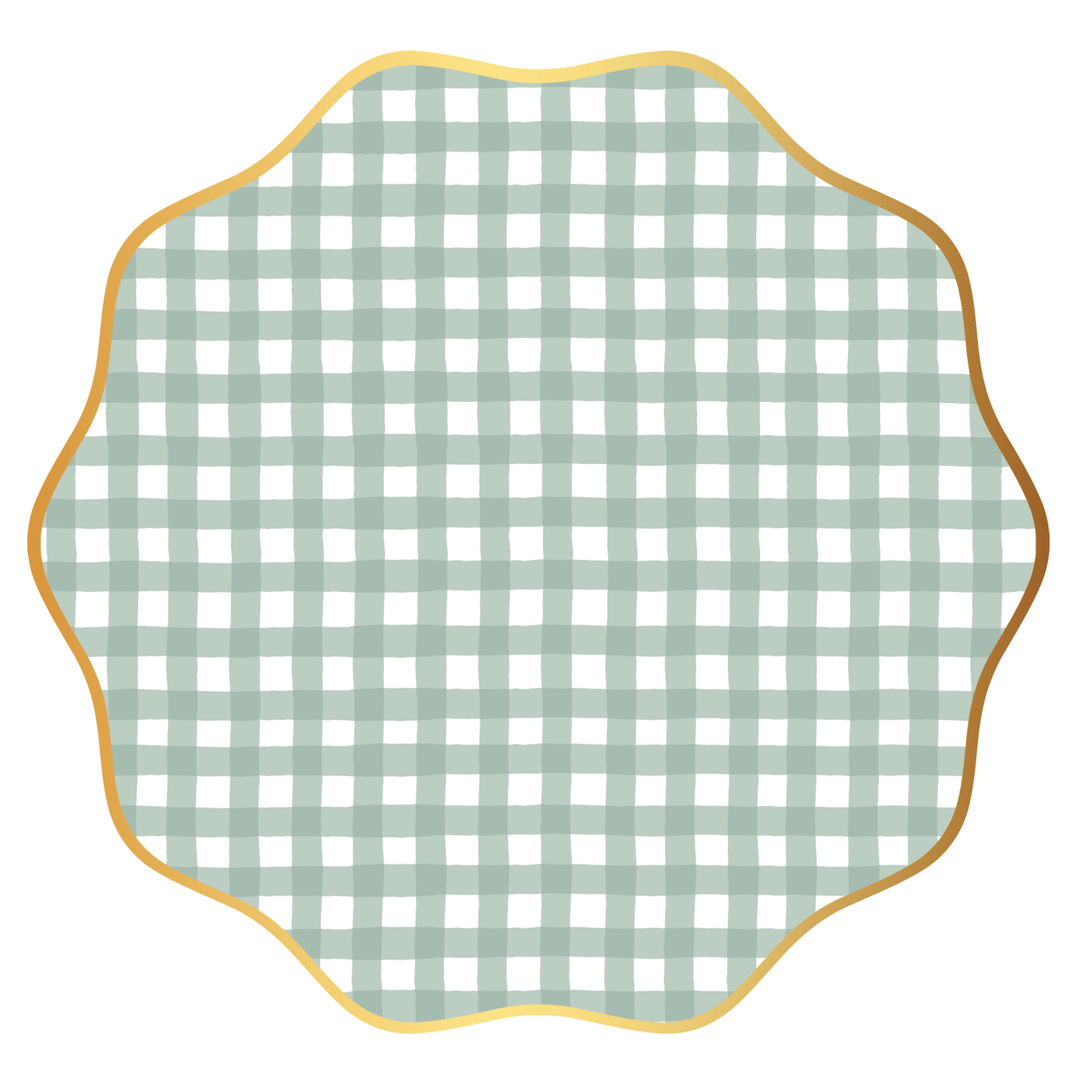 Sage green gingham dinner plates with a scalloped edge, set of 8, on a white background for spring and garden parties