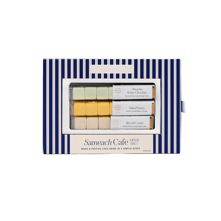 Sameach cafe coffee mixer cubes box in white chocolate pistachio, biscotti, and salted honey