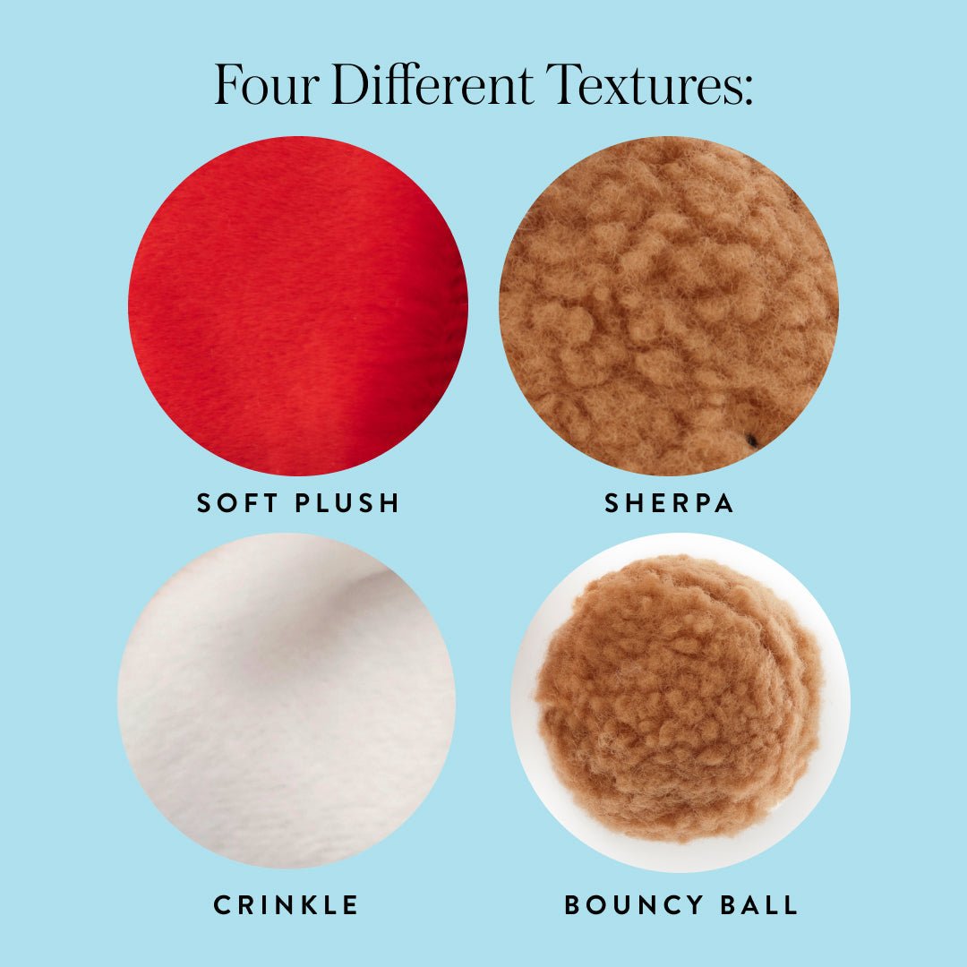 Texture close-ups of the teddy toy: red plush, sherpa, crinkle, and bouncy ball