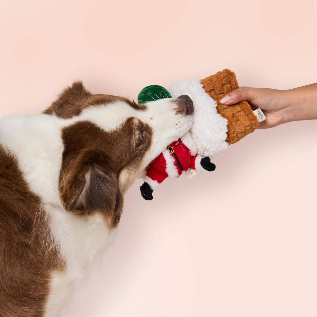 Brown-and-white dog tugging the Santa toy while a hand holds the plush chimney against pink.