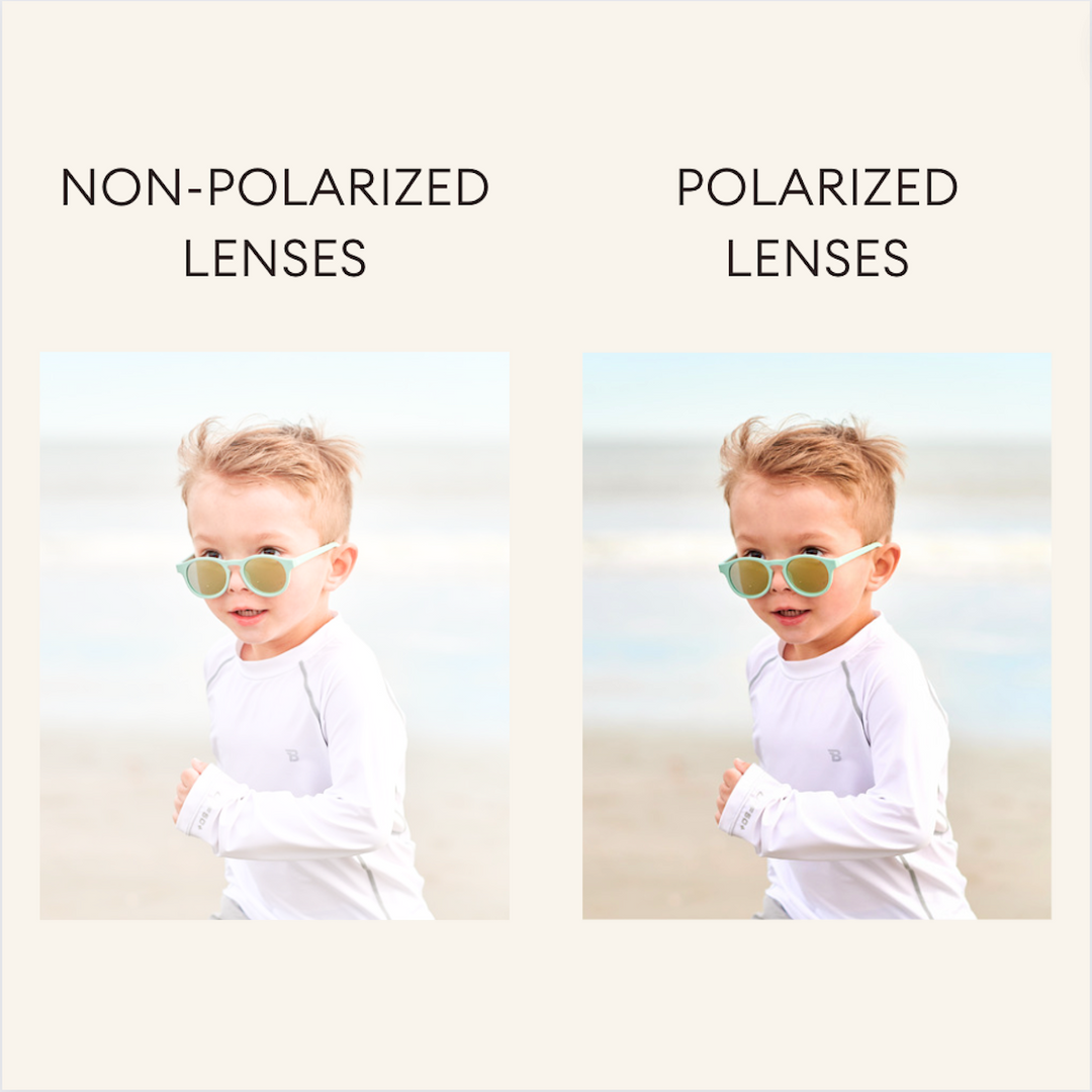 Side-by-side comparison of non-polarized and polarized lenses showing reduced glare through the polarized pair.