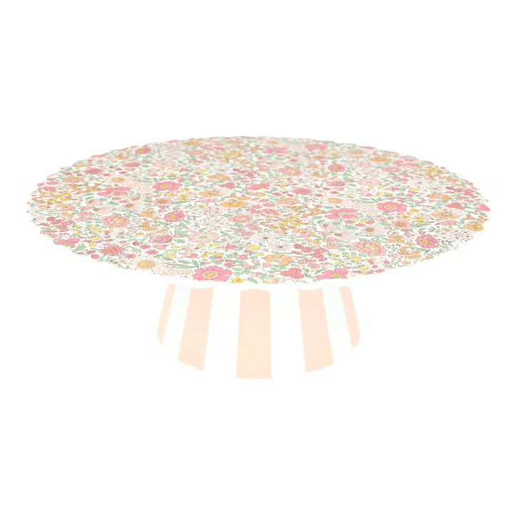 Meri Meri X Liberty reusable cake stand on white background, floral Liberty print with tiered cake stand design