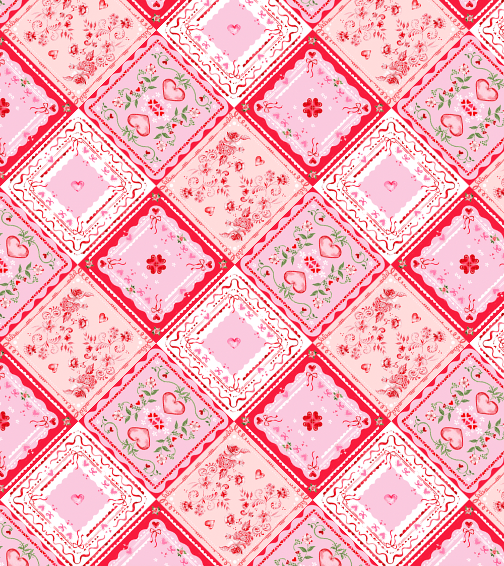 Close-up of the Cupid's Quilt patchwork print in red, pink, and white squares for Valentine's Day