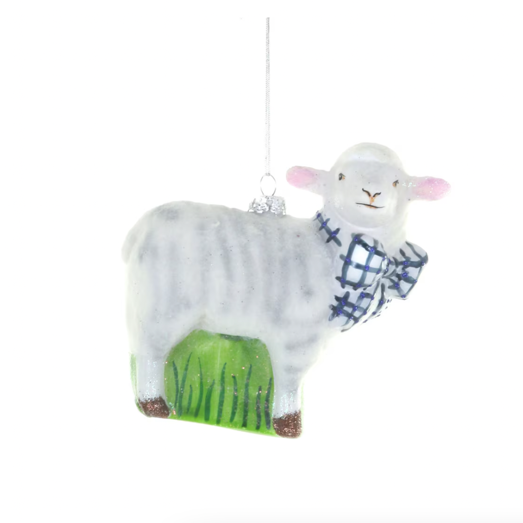 COTTAGE SHEEP WITH BLUE BOW GLASS ORNAMENT BY CODY FOSTER Cody Foster Co. Christmas Ornament COTTAGE SHEEP WITH BLUE BOW GLASS ORNAMENT BY CODY FOSTER Bonjour Fete - Party Supplies