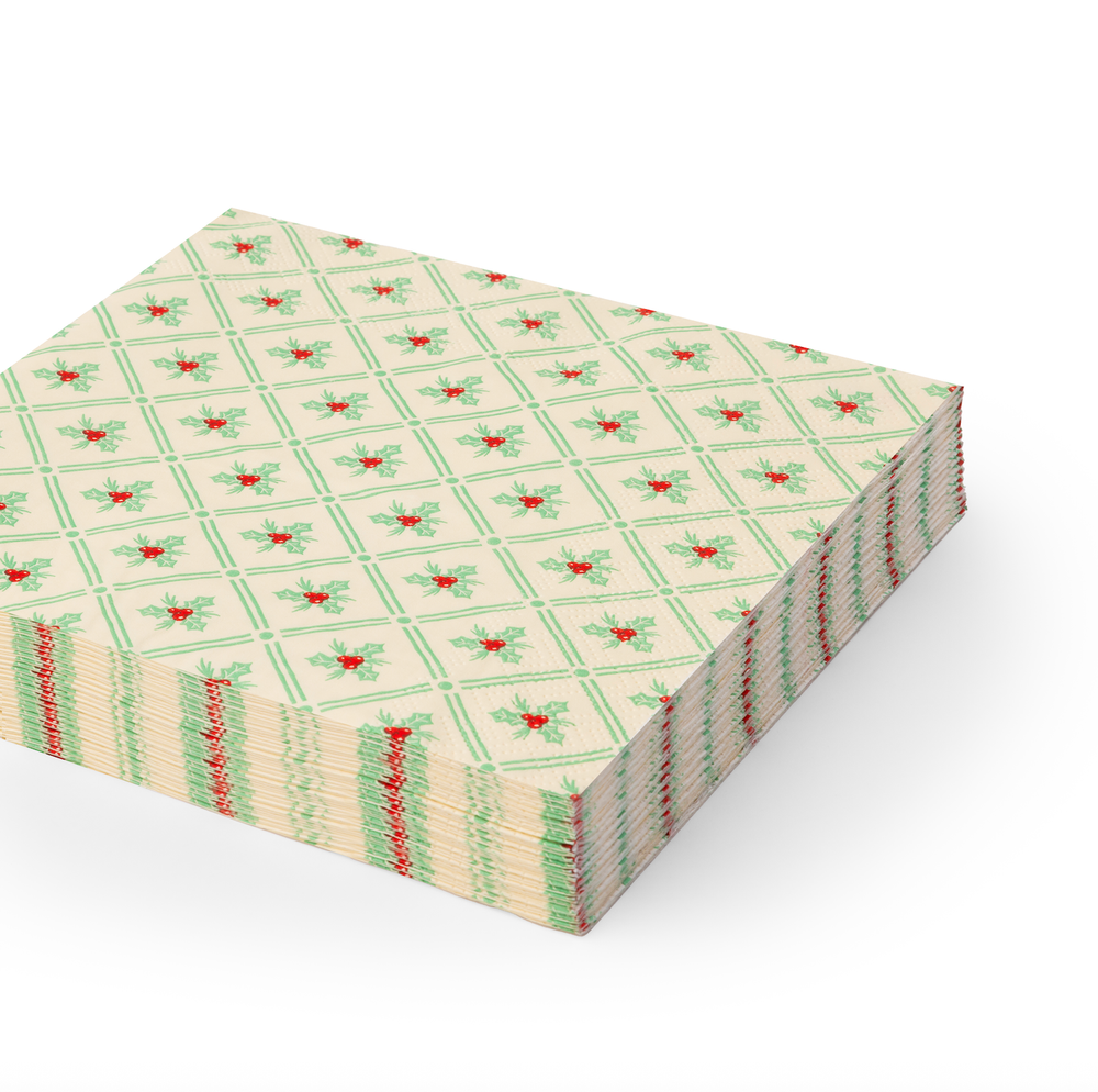 HOLLY PATTERN CHRISTMAS DINNER NAPKINS Bonjour Fete Napkins HOLLY PATTERN CHRISTMAS DINNER NAPKINS Bonjour Fete - Party Supplies