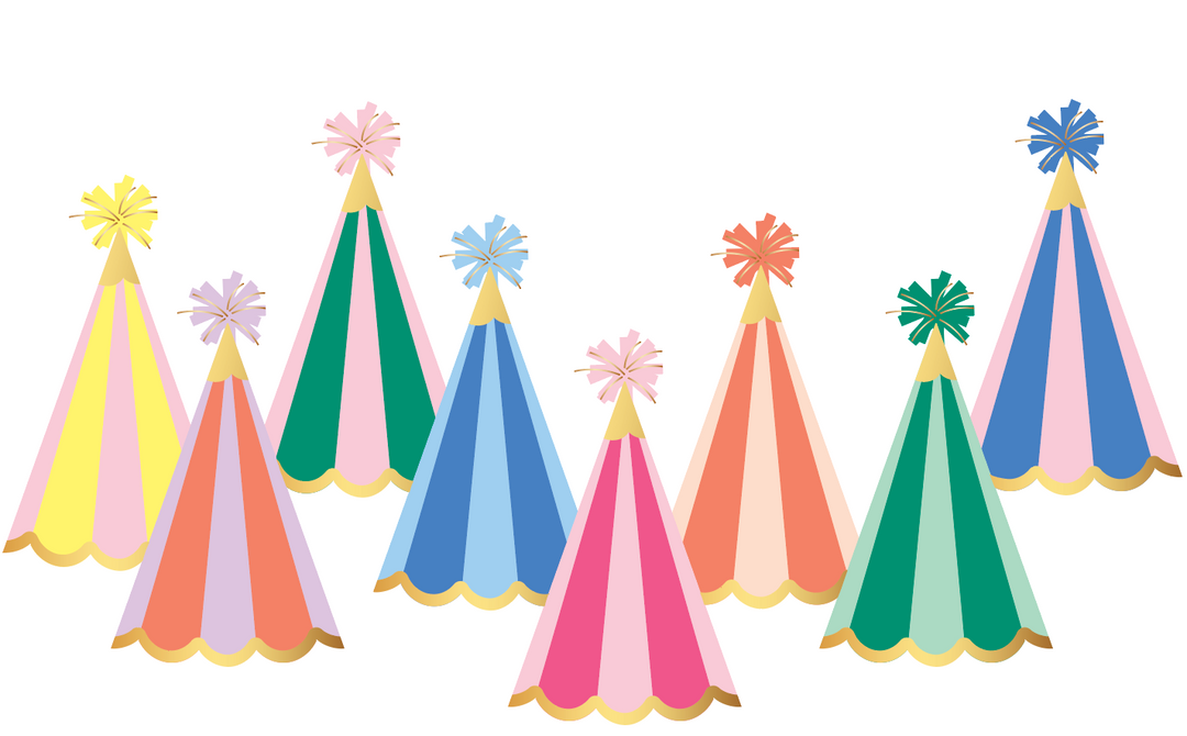 Multicolor rainbow stripe cone party hats with gold foil and pom toppers, set of 8, for a kids' birthday party
