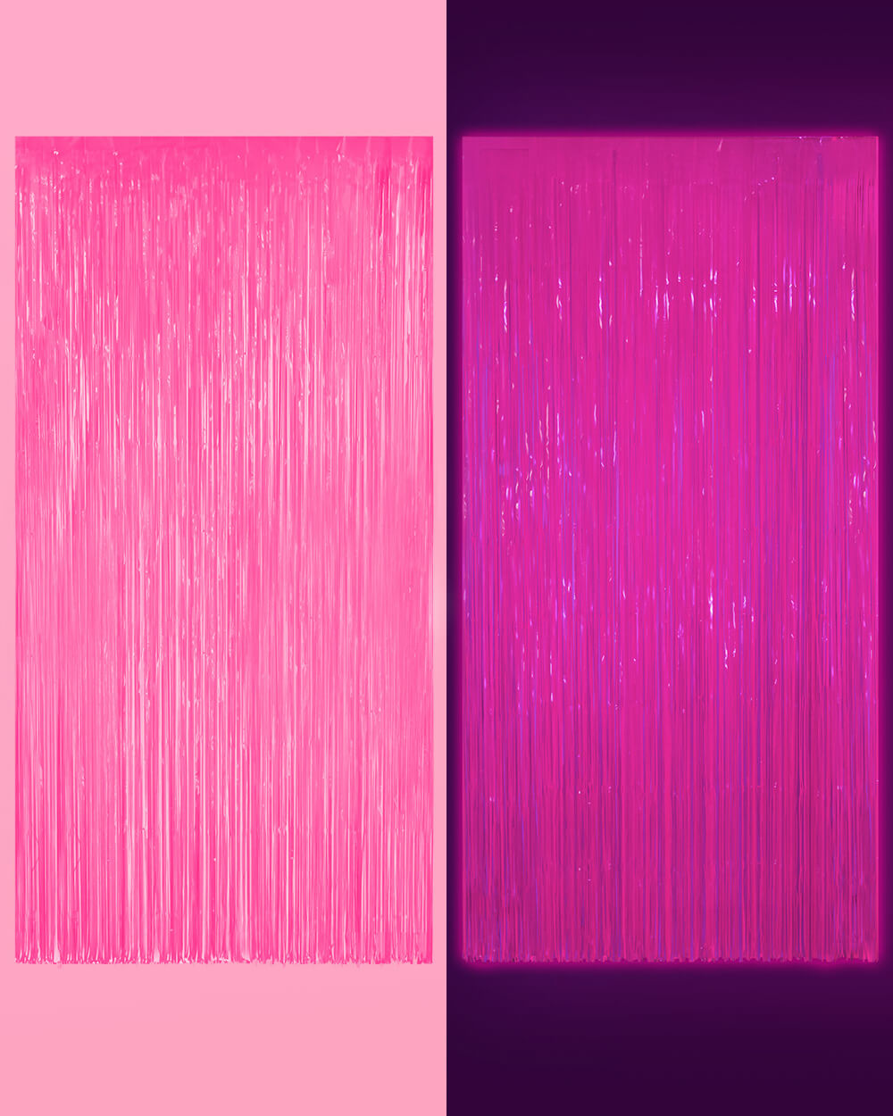Neon pink fringe curtain shown in daylight beside the same panels lit in a dark room