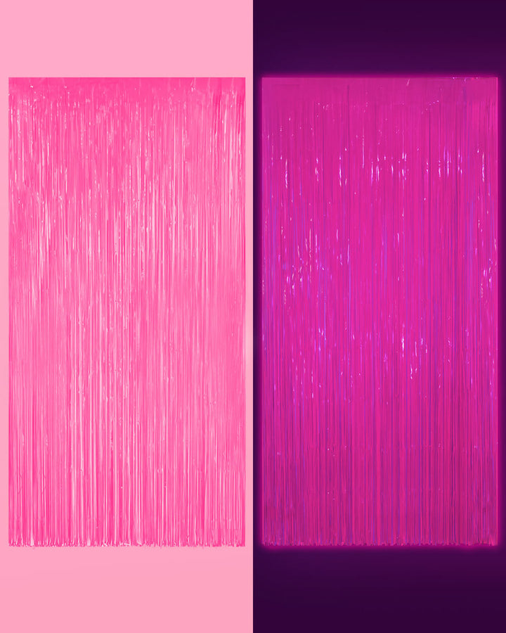 Neon pink fringe curtain shown in daylight beside the same panels lit in a dark room