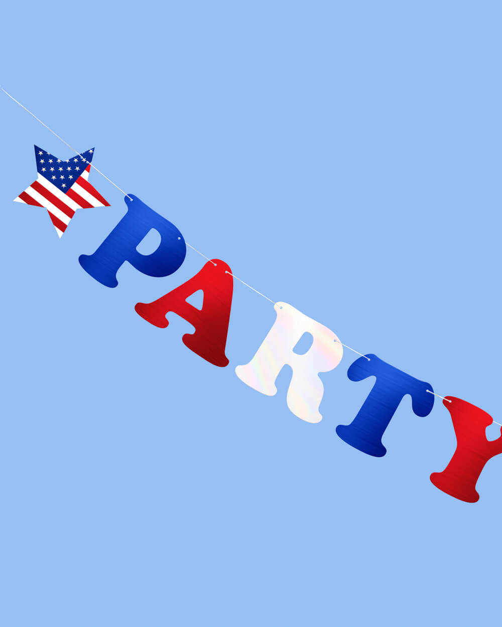 Party in the USA foil letter banner spelling PARTY in red, white, and blue with an American flag star for a Fourth of July celebration