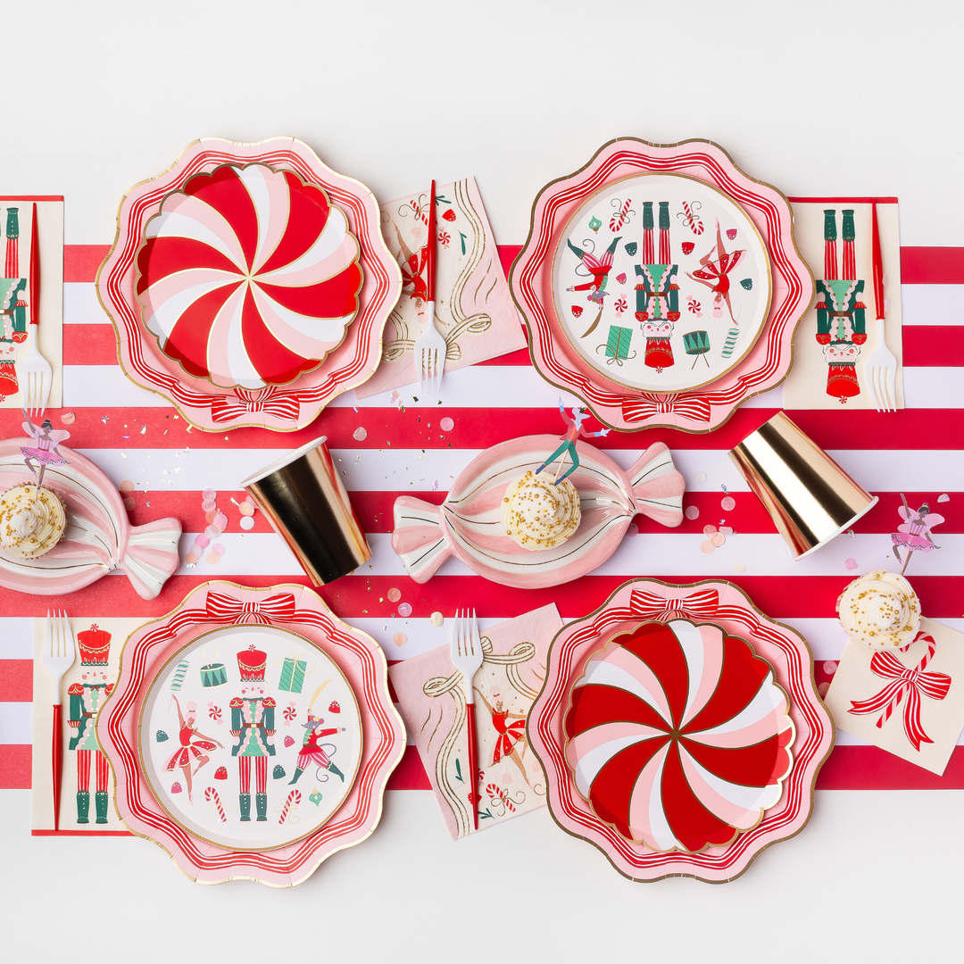 ELEGANT PINK PEPPERMINT BOW DINNER PLATES Bonjour Fete Plates ELEGANT PINK PEPPERMINT BOW DINNER PLATES Bonjour Fete - Party Supplies