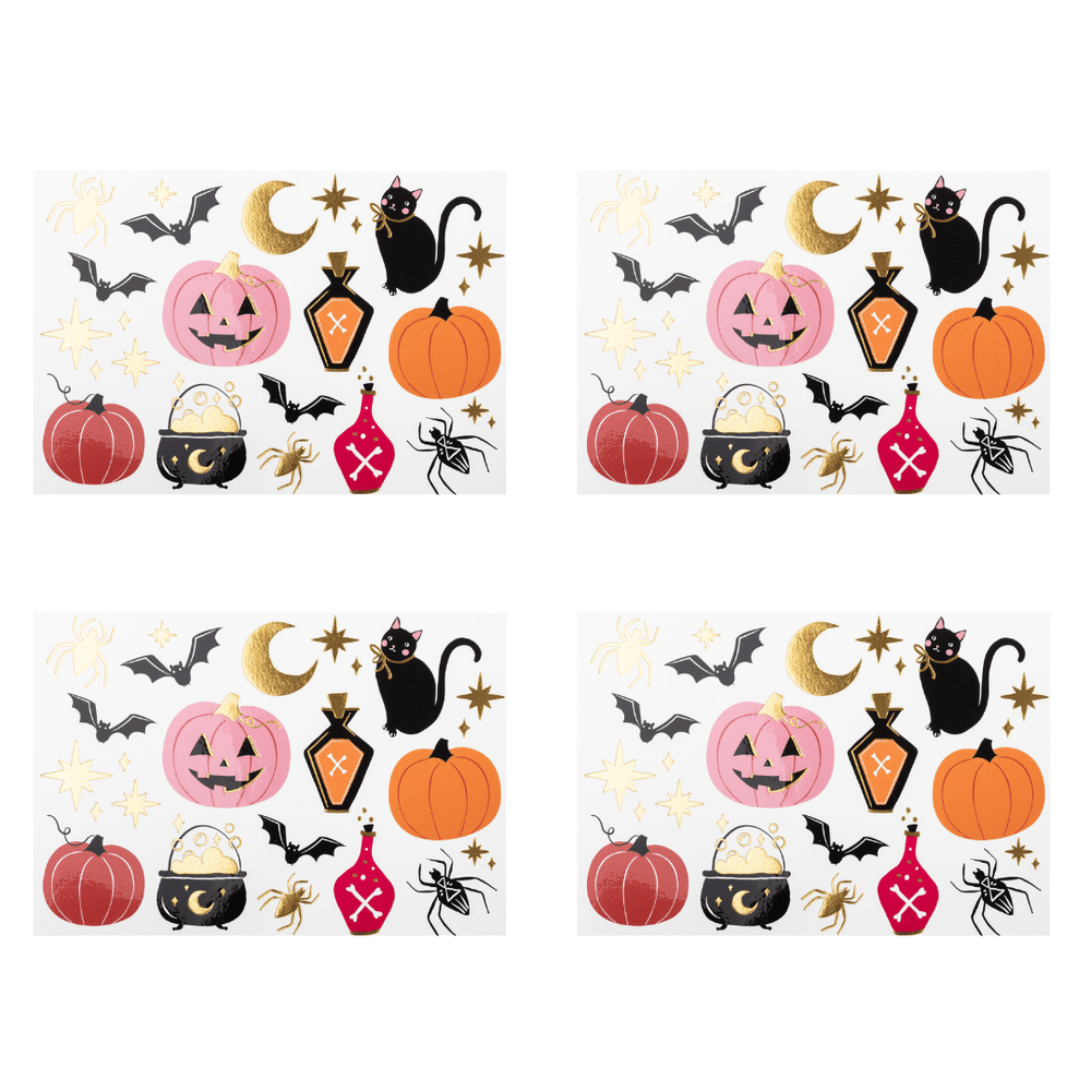 Four identical Halloween-themed tattoo sheets arranged in a 2x2 grid on a white background. Each sheet features cute cartoon illustrations including pumpkins, cauldrons, bats, spiders, lanterns, moons, and black cats.