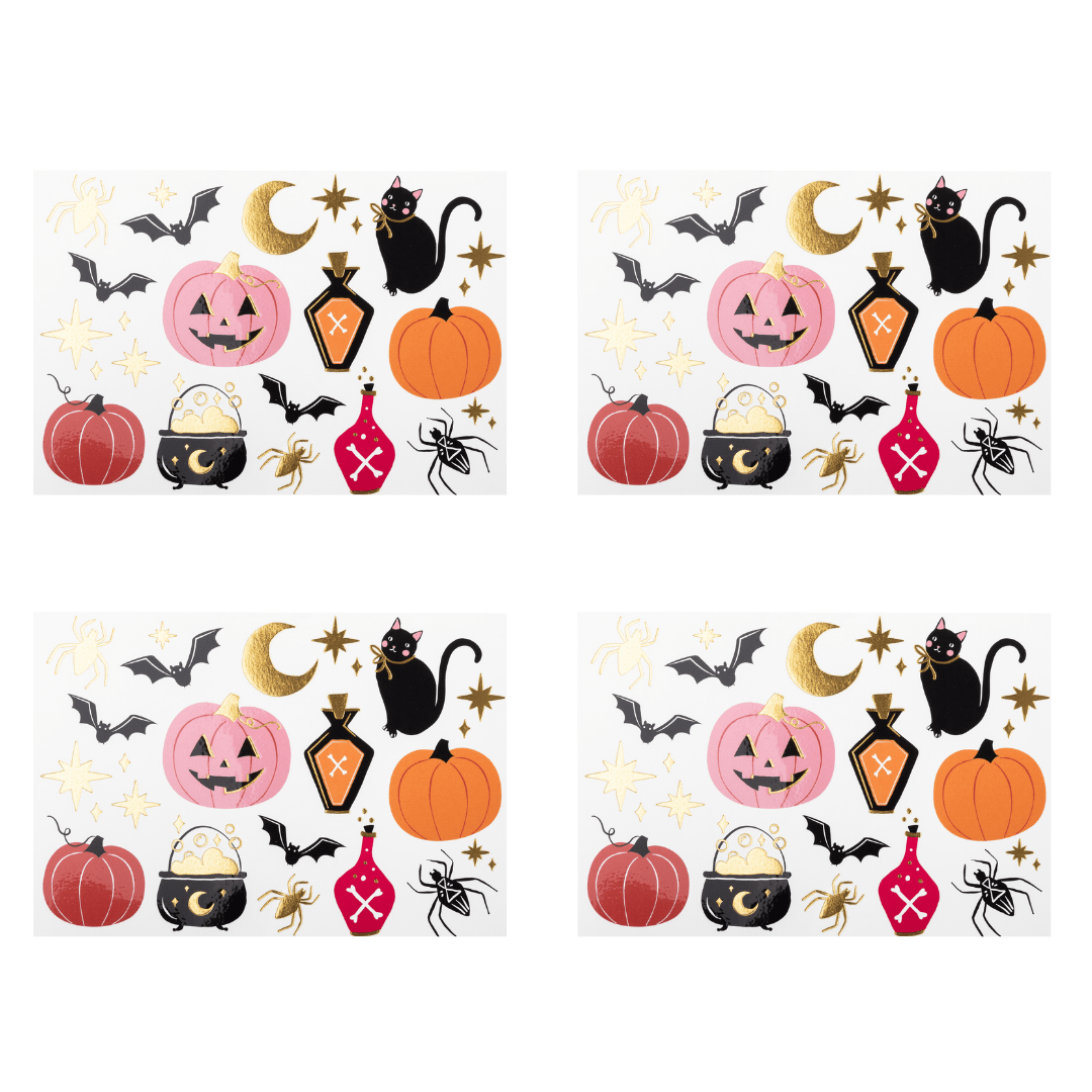 Four identical Halloween-themed tattoo sheets arranged in a 2x2 grid on a white background. Each sheet features cute cartoon illustrations including pumpkins, cauldrons, bats, spiders, lanterns, moons, and black cats.