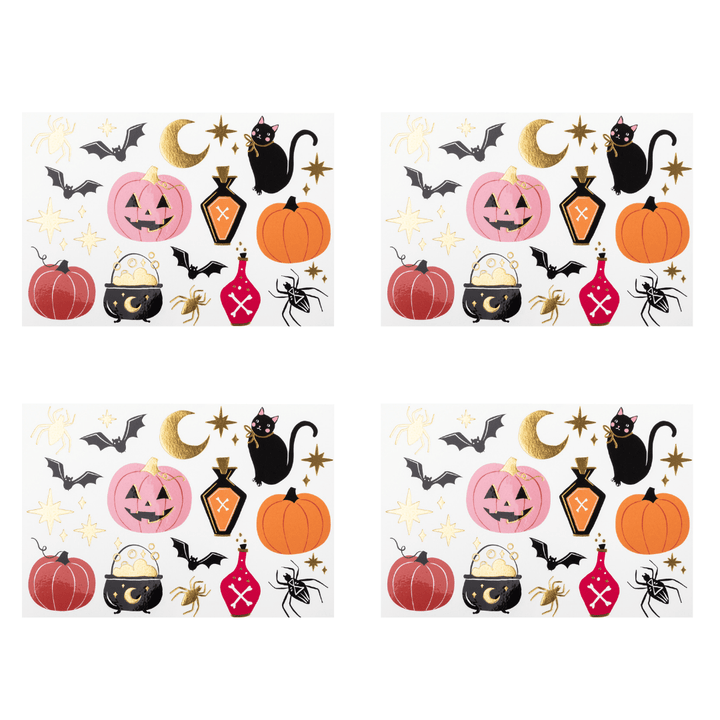 Four identical Halloween-themed tattoo sheets arranged in a 2x2 grid on a white background. Each sheet features cute cartoon illustrations including pumpkins, cauldrons, bats, spiders, lanterns, moons, and black cats.