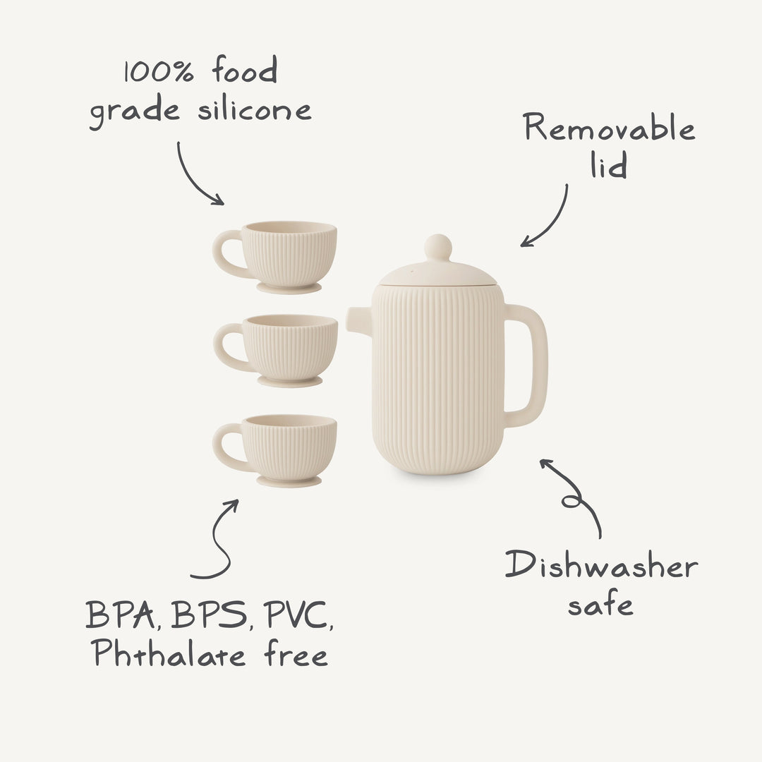 Infographic of the Mushie silicone tea set: food-grade silicone, dishwasher safe, teapot and three cups