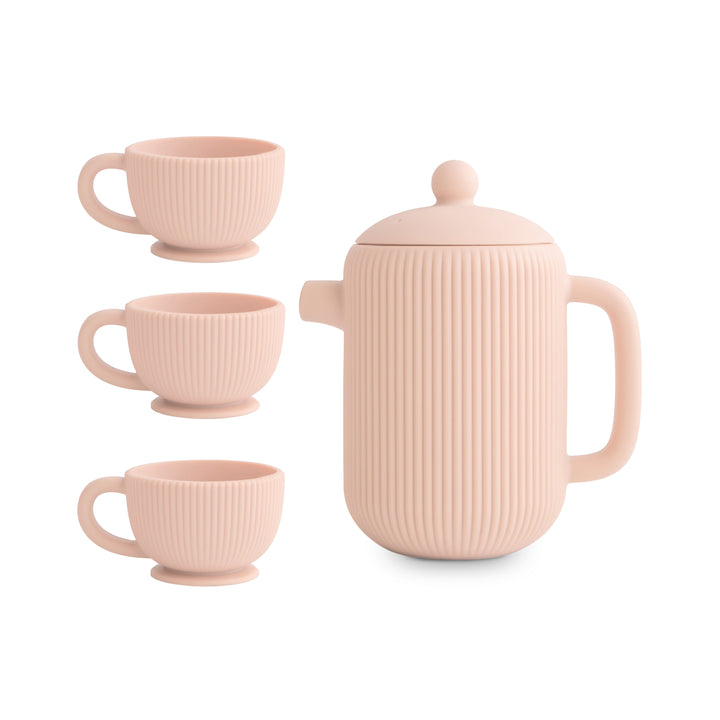 Mushie silicone tea set in blush with a teapot and three cups