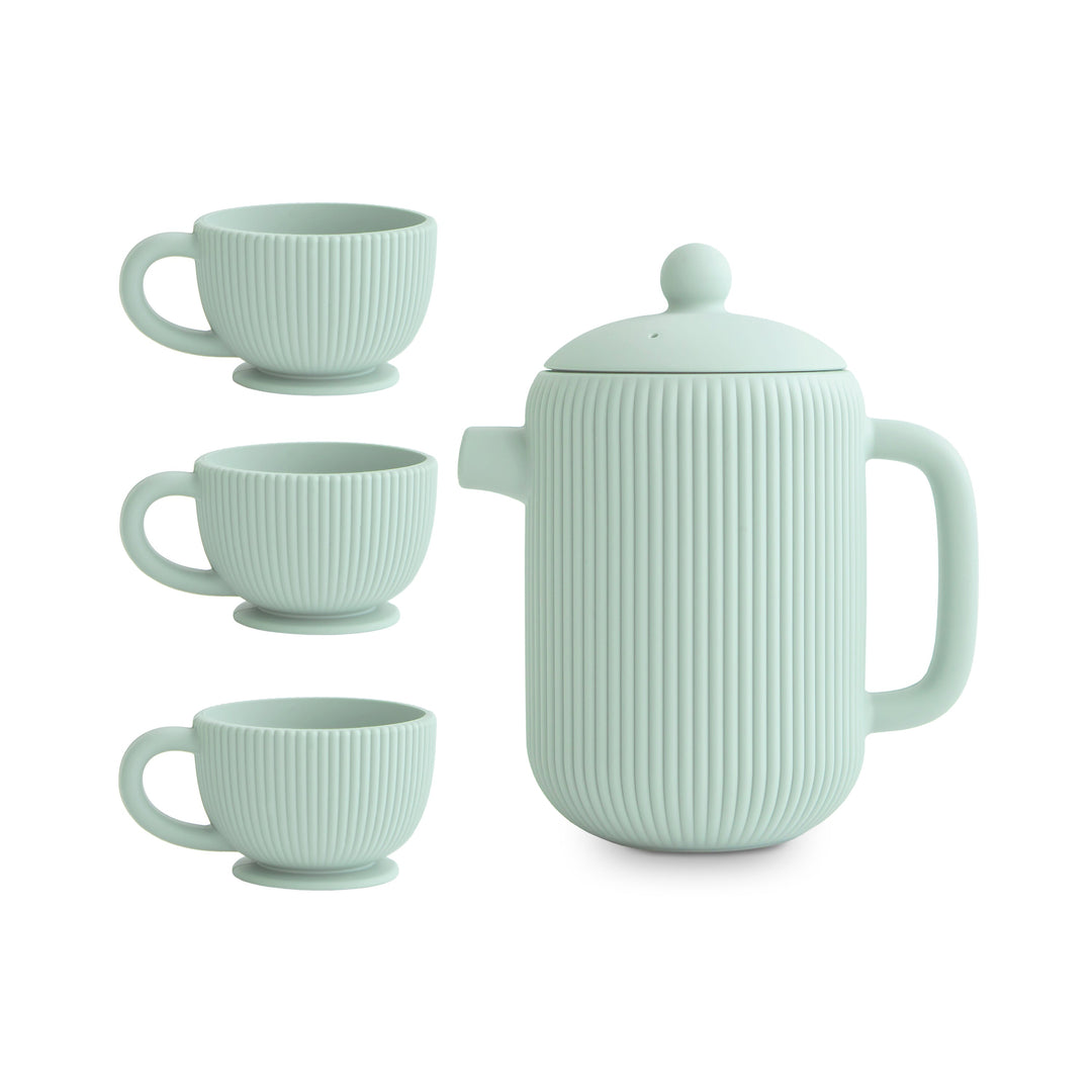 Mushie silicone tea set in Cambridge blue with a teapot and three cups