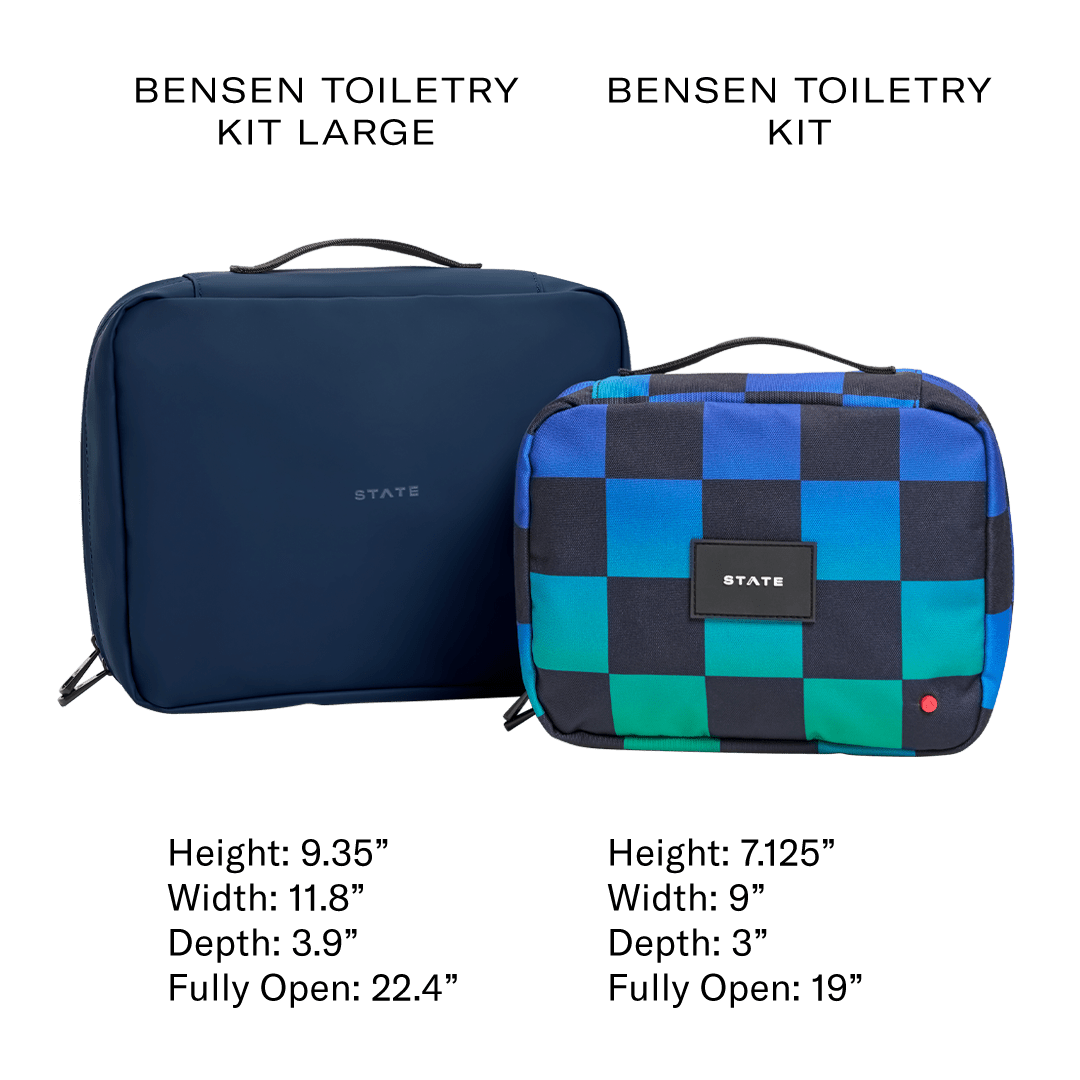 Size comparison chart of the Bensen Large and the standard Bensen toiletry kit with measurements