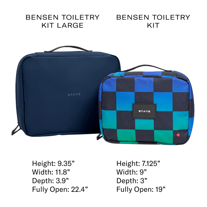 Size comparison chart of the Bensen Large and the standard Bensen toiletry kit with measurements