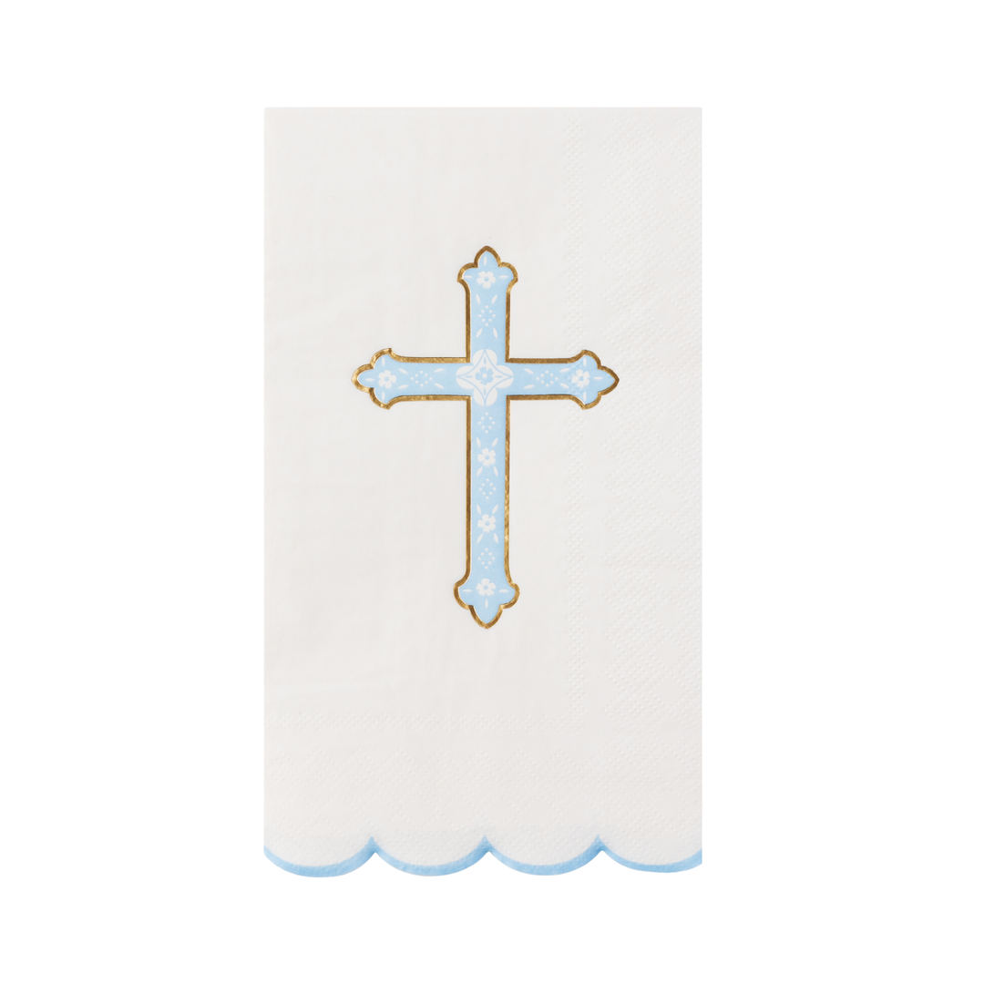 SKY BLUE CROSS GUEST TOWELS Bonjour Fete Napkins Sky Blue Cross Guest Towels - Perfect for Baby Showers and Baptisms Bonjour Fete - Party Supplies
