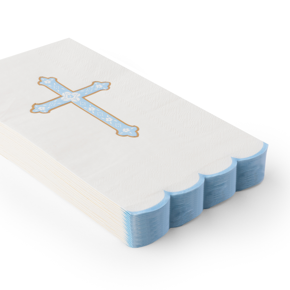 SKY BLUE CROSS GUEST TOWELS Bonjour Fete Napkins Sky Blue Cross Guest Towels - Perfect for Baby Showers and Baptisms Bonjour Fete - Party Supplies
