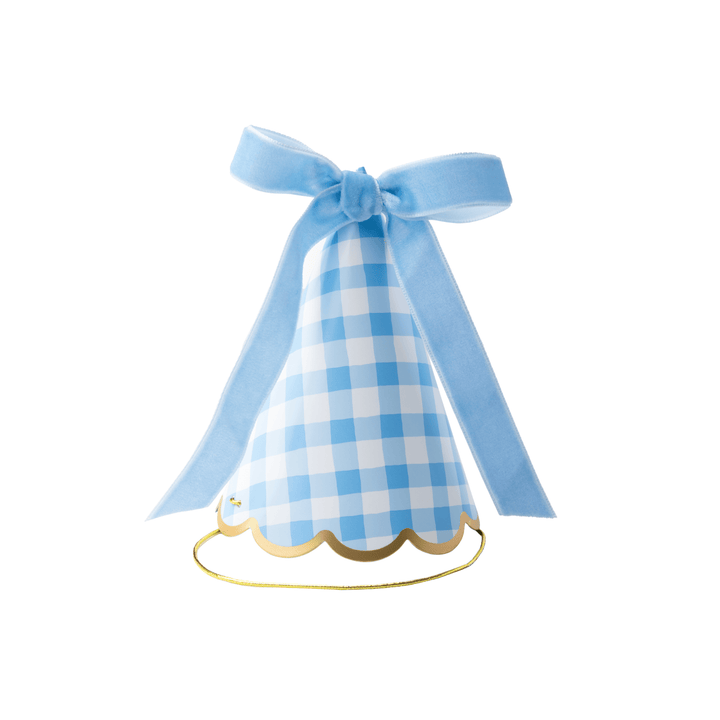 Light blue and white gingham party hats with gold trim, presented in a white package with gold lettering reading 'BONJOUR FÉTE' and 'PARTY HATS' on a clean white background.