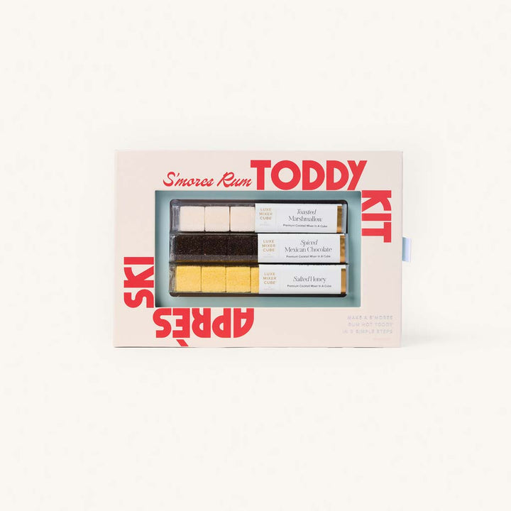 S'mores rum toddy mixer kit box with marshmallow, chocolate, and salted honey cubes