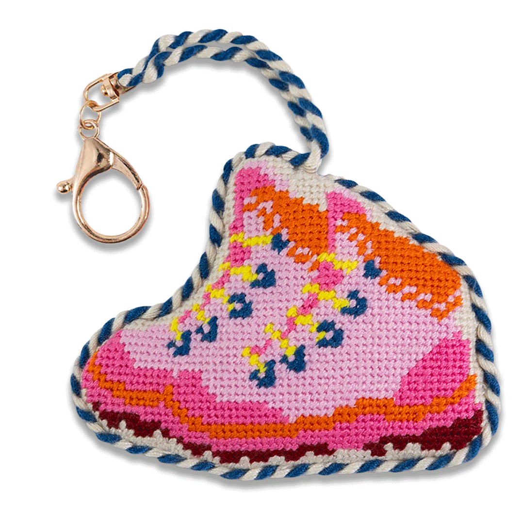 Needlepoint snow boots bag charm with a lobster clasp
