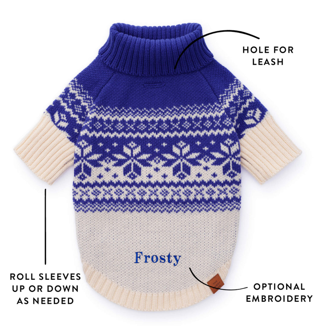 Blue-and-cream sweater graphic showing a leash opening, rollable sleeves, and optional Frosty embroidery.