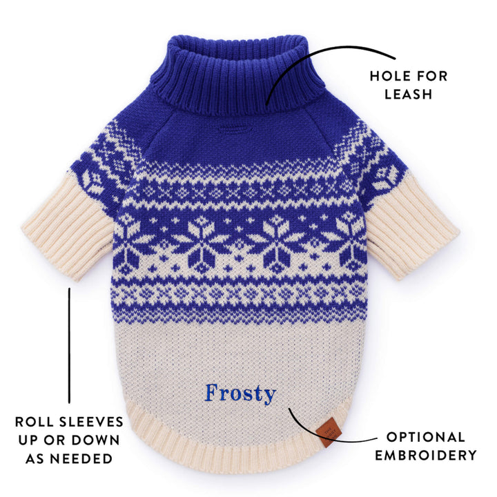 Blue-and-cream sweater graphic showing a leash opening, rollable sleeves, and optional Frosty embroidery.