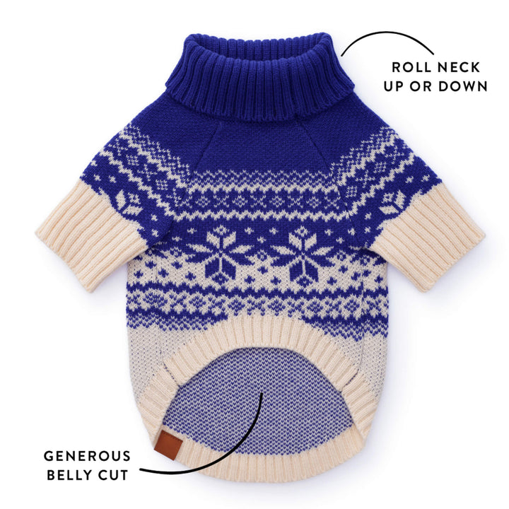 Snow Day sweater fit graphic showing its rollable blue turtleneck and generous curved belly opening.