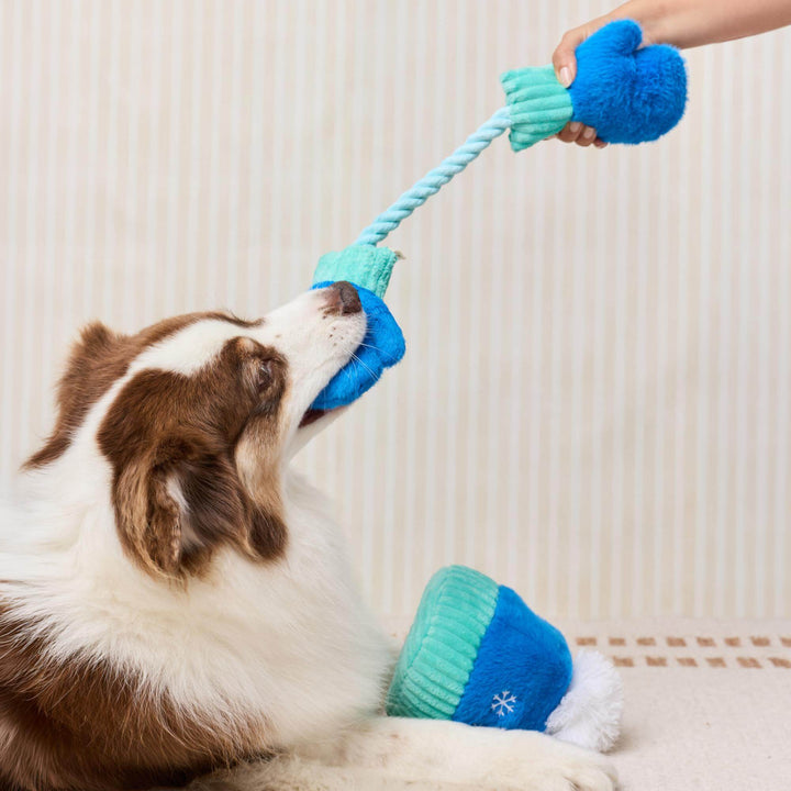 Shepherd tugging the rope mittens while an owner holds the other mitten