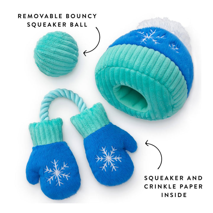 Hat toy opened to show the aqua bouncy squeaker ball, mittens labeled with squeaker and crinkle