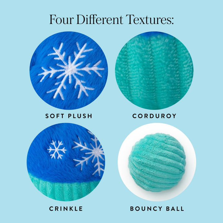 Hat and mittens textures: snowflake plush, corduroy, crinkle, and bouncy ball