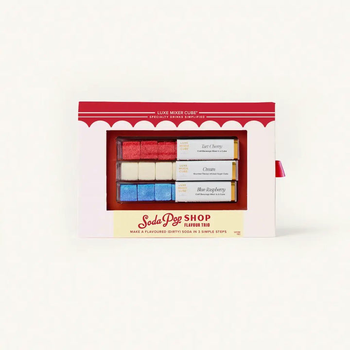 Craft soda mixer cubes gift box in tart cherry, blue raspberry, and cream flavors on white