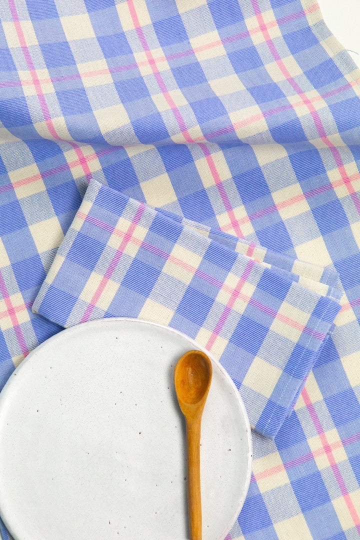 Periwinkle and pink plaid table linens set for a spring gathering