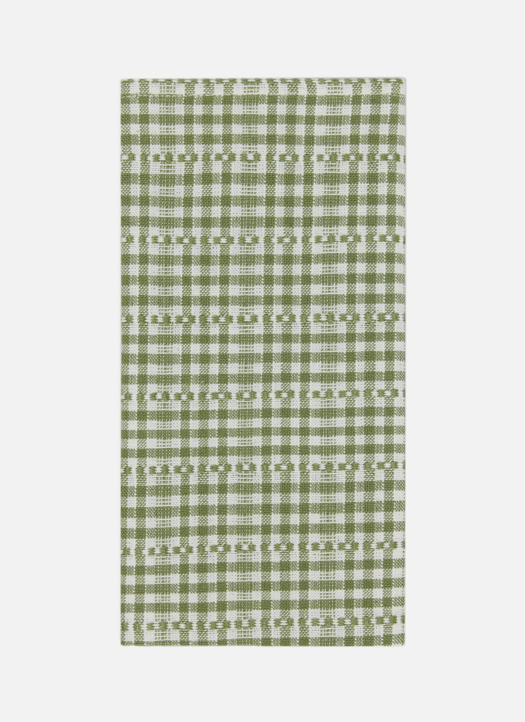 A rectangular kitchen towel with a green and white gingham pattern, displayed flat against a light gray background.
