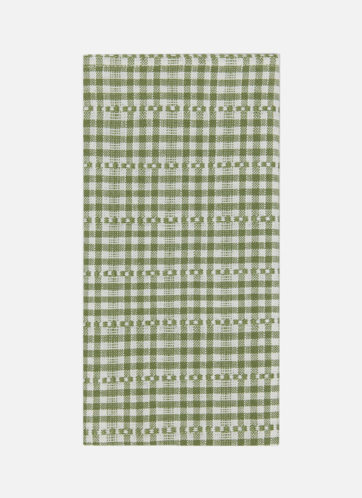 A rectangular kitchen towel with a green and white gingham pattern, displayed flat against a light gray background.
