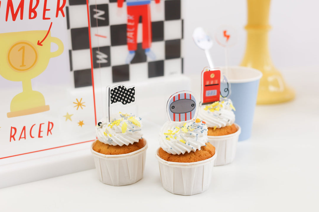 Racing themed acrylic mini toppers by Joyeux Company for cupcakes