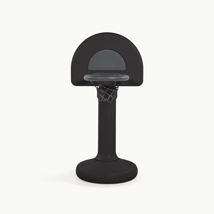 Gathre basketball hoop in raven black, front view of the rounded backboard, rim, and net
