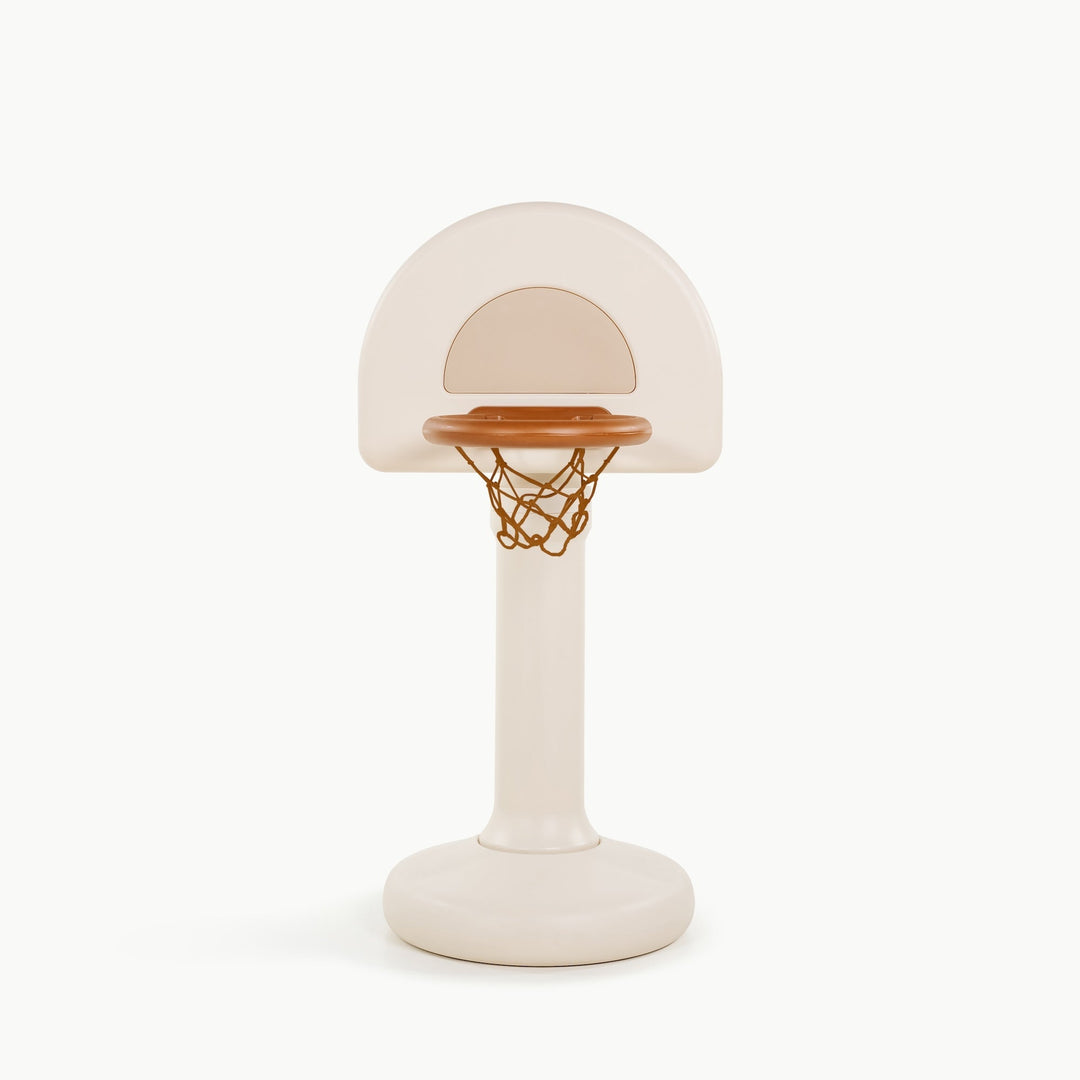 Gathre toddler basketball hoop in ivory, front view with a tan rim and white net on a white background