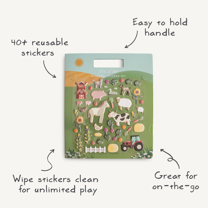 Infographic of the Mushie reusable sticker book: repositionable puffy stickers and a carrying handle for travel
