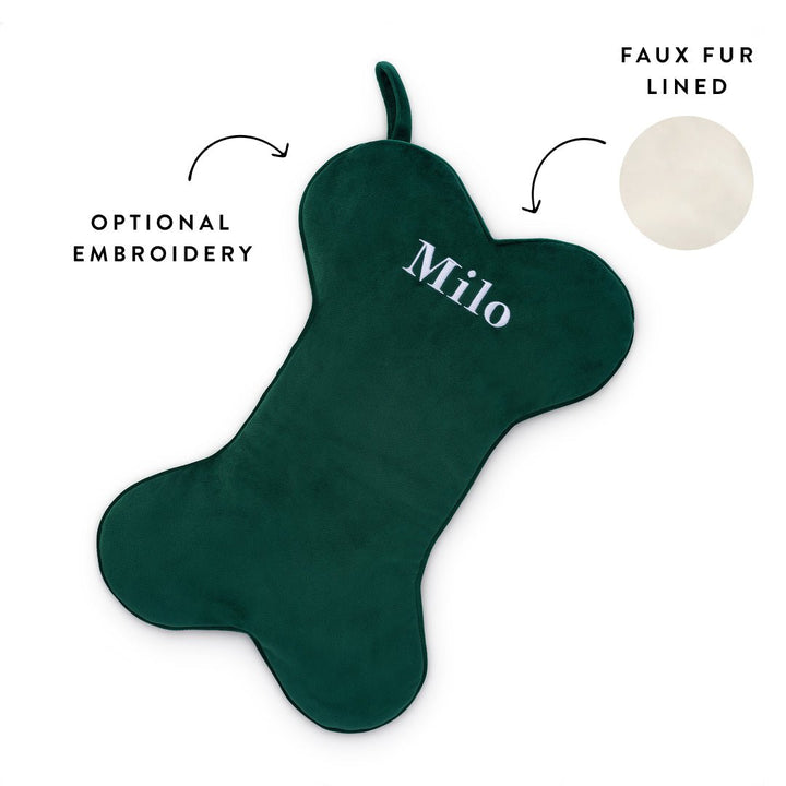 Green velvet dog stocking callout showing optional embroidery and the cream faux fur lining
