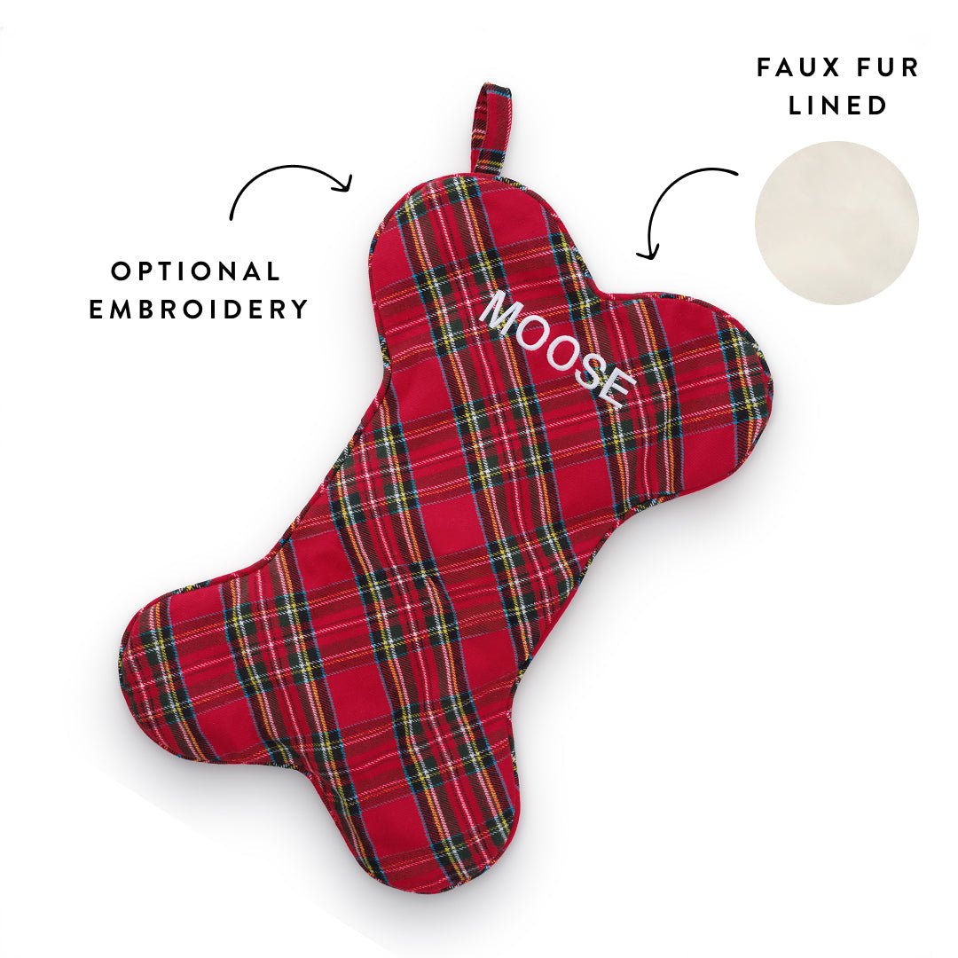 Tartan dog stocking callout showing optional embroidery and a cream faux fur lining swatch
