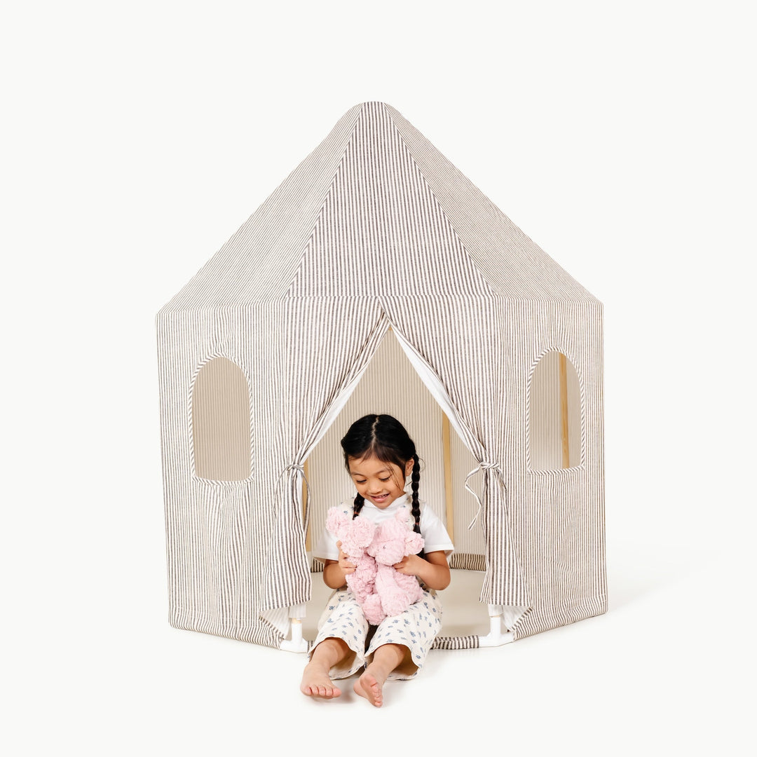 Detail of the Gathre play tent canvas and wood construction.