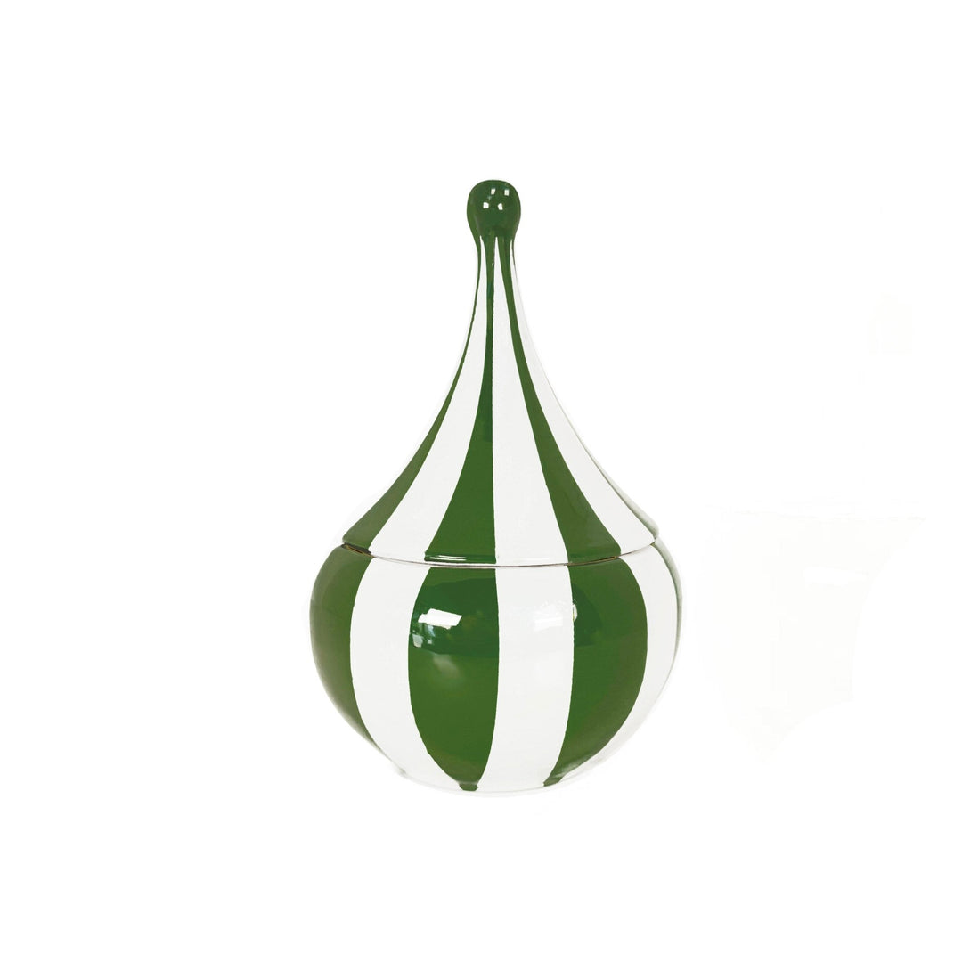 A glossy ceramic lidded container with a teardrop-shaped lid featuring alternating vertical green and white stripes, set against a plain white background.