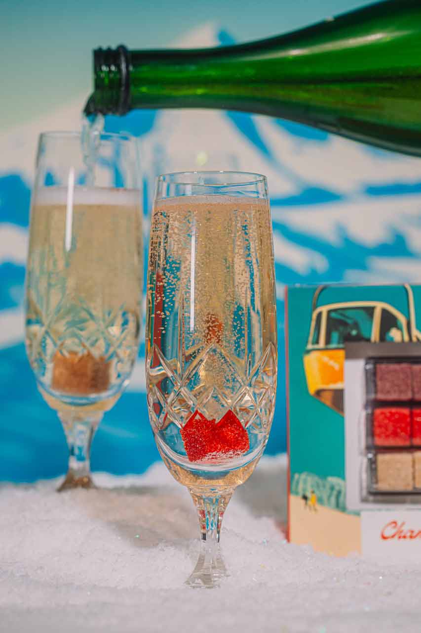Champagne chalet mixer cubes styled for a ski lodge party