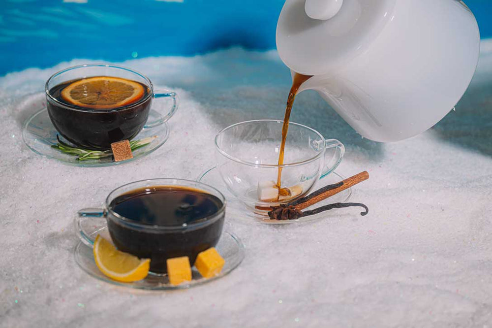 Cozy cup of tea made with an apres tea mixer cube by the fire