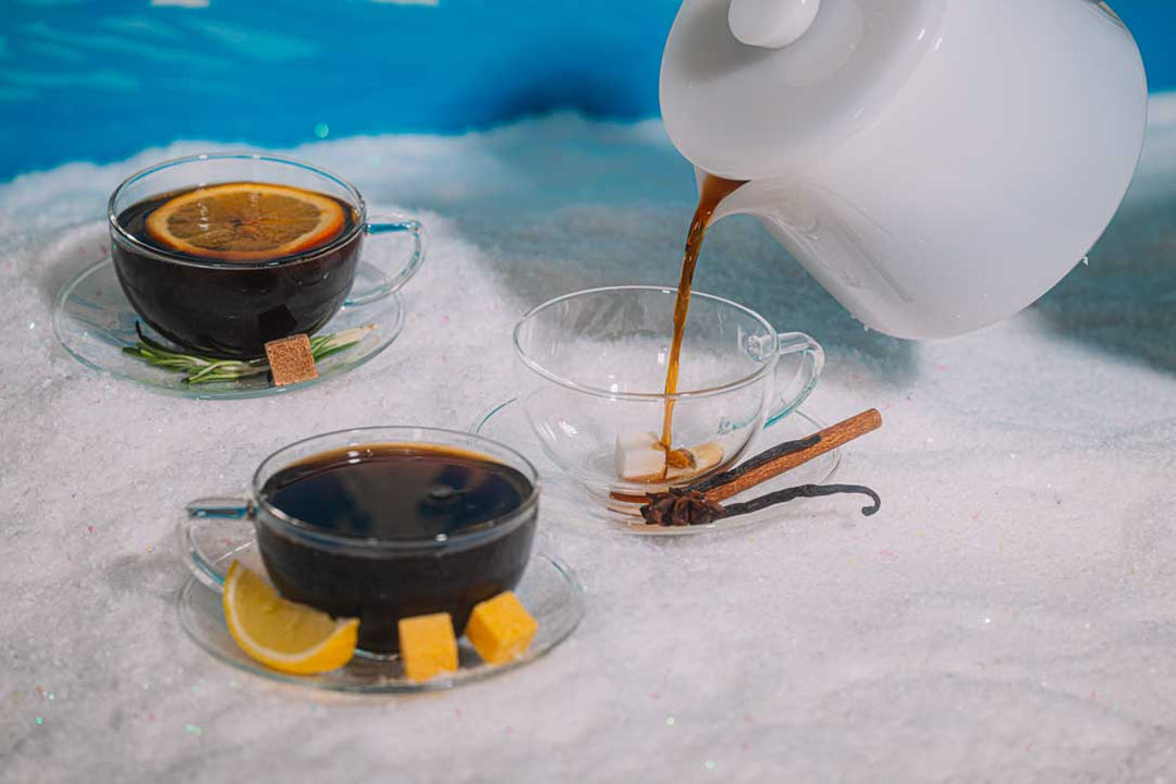 Cozy cup of tea made with an apres tea mixer cube by the fire