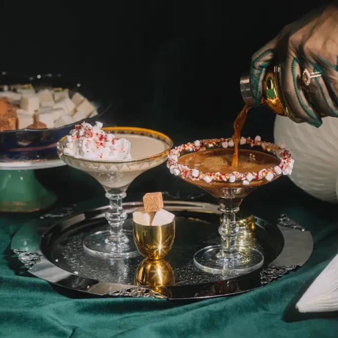 Hot cocoa martini kit styled for a holiday cocktail table